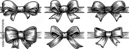 Elegant decorative ribbons with engraved folds and tied bows for retro design