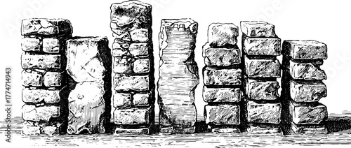 Vintage engraved brick wall surfaces with cracked plaster and peeling patterns for design projects