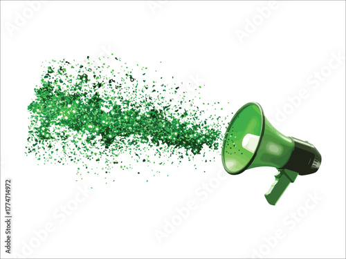 Green Megaphone Broadcasting Message with Scattered Particles on White Background