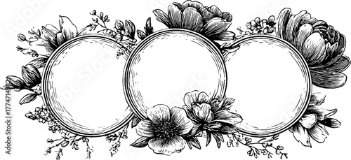 Vintage floral circular frames with intricate details for elegant design projects