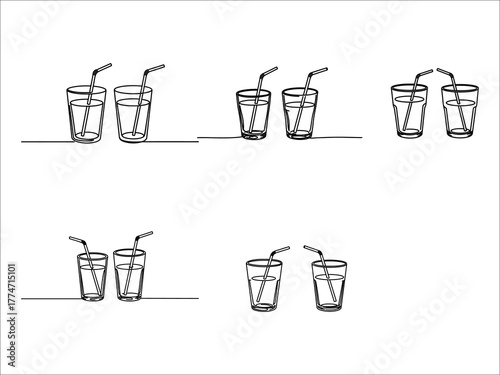 Minimalist line drawing of drinking glasses with straws on white background