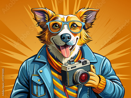 A friendly dog wearing glasses and a denim jacket holds a vintage camera, capturing moments with enthusiasm, radiating creativity and friendliness, detailed vector illustration