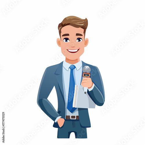 Smiling man holding microphone and paper on white background