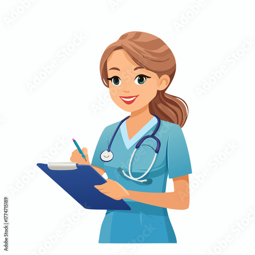 Smiling nurse writing on clipboard against white background