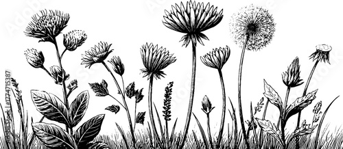 Vintage botanical sketch of engraved wild meadow plants including plantain and nettle for design and decor