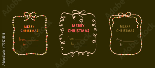 Set of three Christmas gift tags with cute frames made of garlands and ribbons. Festive minimalist design in warm cozy colors, perfect for holiday cards, gifts, and printable labels.