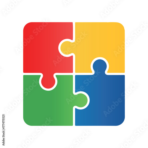 Abstract concept graphic featuring four interlocking puzzle pieces in bright, primary Colors. Represents problem solving, strategy, partnership, connection, and successful completion of a task.