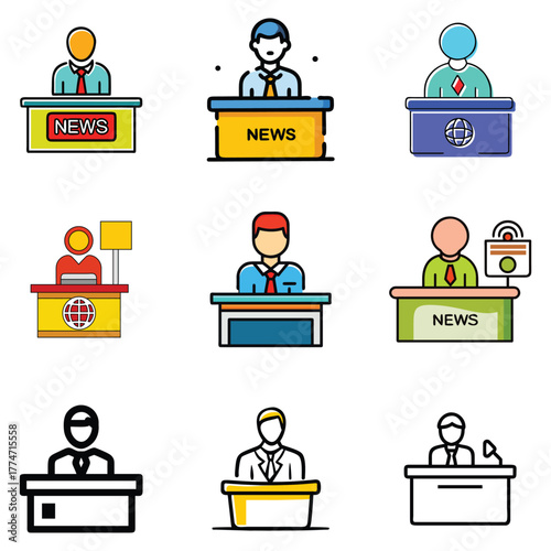 Collection of news anchor icons and illustrations