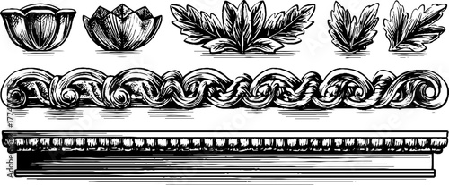 Ornamental frieze and cornice patterns with egg and dart and leaf scrolls for design and decoration