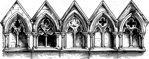 Gothic architectural border elements with pointed arches and quatrefoil design for vintage illustrations