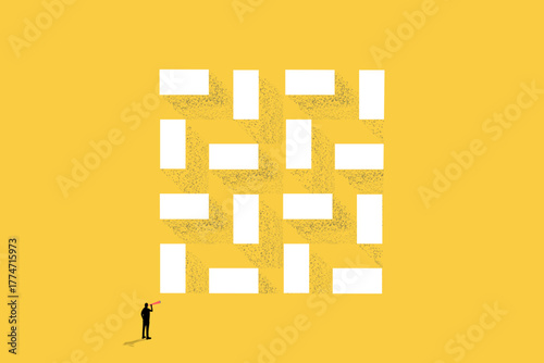 Businessman find solution. Overcome difficult challenge, make decision and find success