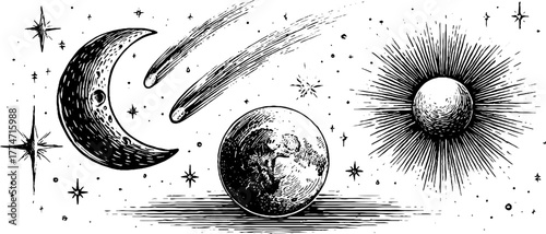 Mystical celestial elements featuring crescent moon and shooting stars for retro design