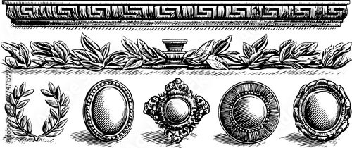Neoclassical decorative borders featuring greek key patterns and laurel elements for design projects