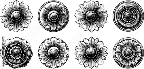 Ornamental ceiling rosettes with layered petals and radial symmetry for design projects