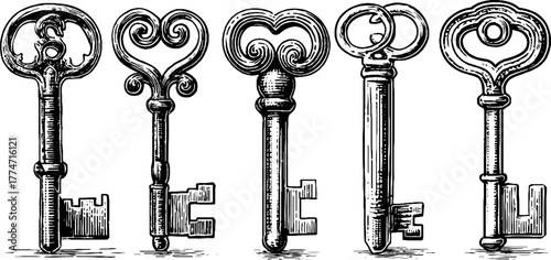 Vintage ornamental keys with complex scroll handles for retro design and decoration