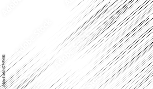 Straight speed lines repeating pattern. Black and white diagonal stripes gradient. Abstract fast effect texture. Comic or cartoon book rays and beams wallpaper. Vector background
