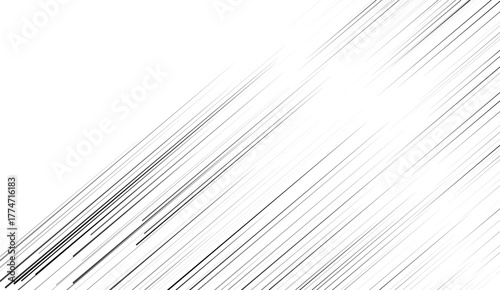 Straight speed lines repeating pattern. Black and white diagonal stripes gradient. Abstract fast effect texture. Comic or cartoon book rays and beams wallpaper. Vector background illustration