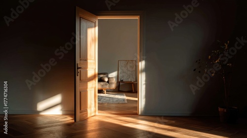 Soft Morning Light Filtering Through an Open Door into a Minimalist Room with Simple Furniture and Natural Elements