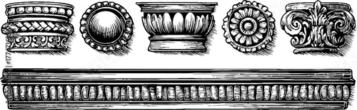 Classical architectural patterns with laurel borders and bead details for design