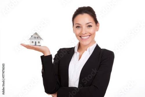 Smiling businesswoman holding a small house model on white background
