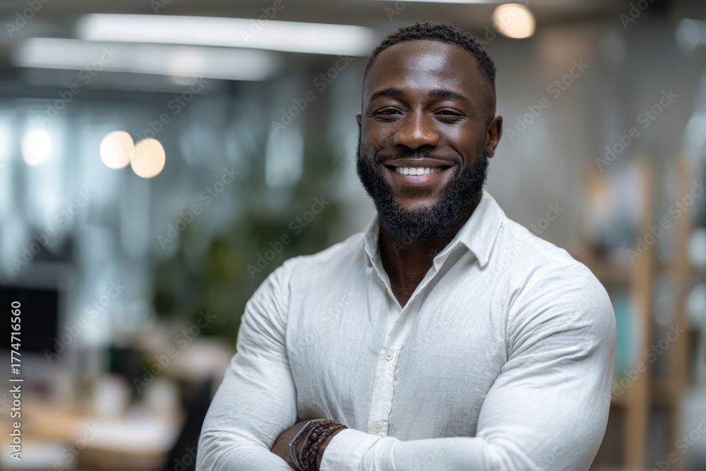Fototapeta premium Confident african american businessman smiling with arms crossed in office