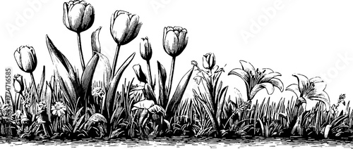 Elegant spring floral borders with tulips and lilies for decorative design