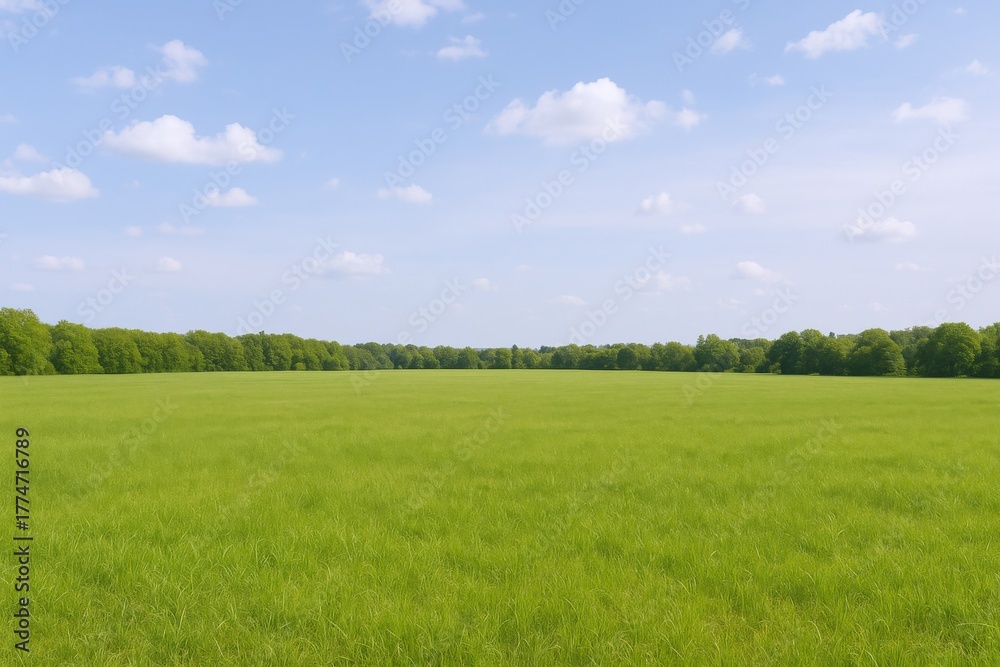 Obraz premium Lush Green Meadow Landscape Under a Bright Blue Sky With Fluffy White Clouds Backdrop
