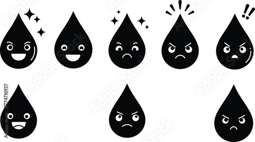 Black droplet cartoon faces, emotional character expressions, vector mood icons, funny mascot illustration, educational design element, communication artwork, feelings symbol graphic