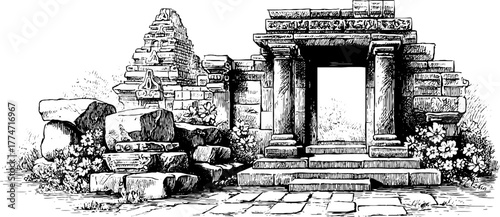 Ancient stone architecture fragments with scrollwork and carved panels