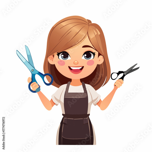 Stylized female character holding scissors hair care concept isolated