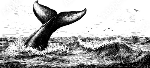 Majestic whale tail emerging from ocean waves silhouette design for nautical decor