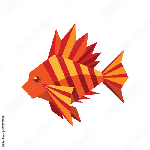 A vibrant geometric orange fish illustration on a plain white background