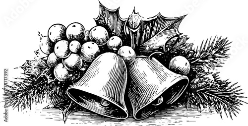 Winter composition with pine branches and snowberries in vintage engraving style for holiday design