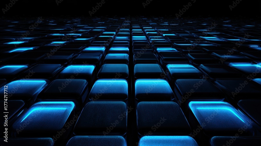 Obraz premium Futuristic glowing tiles in a digital landscape with blue light reflections creating an immersive technology-inspired environment for innovative designs