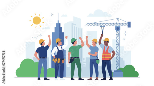 Construction workers celebrating success on a building site