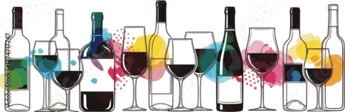 Outline wine bottles and glasses on white background. Color background with contour bottles and glasses. Silhouettes in overprint style. Vector template for menu, festival, banner.