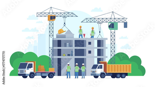 Construction site with workers cranes and trucks building a structure