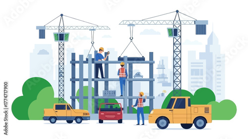 Construction workers and cranes building a skyscraper with trucks nearby