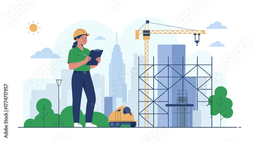 Construction worker overseeing a building project with a crane