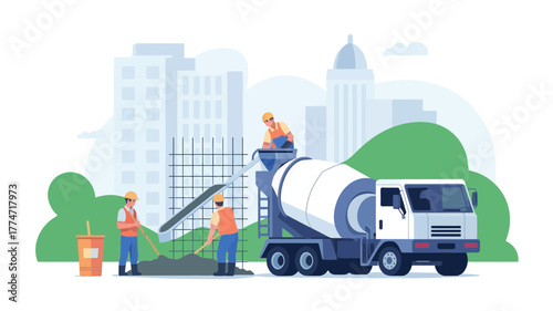 Construction workers pour concrete from a mixer truck at a building site