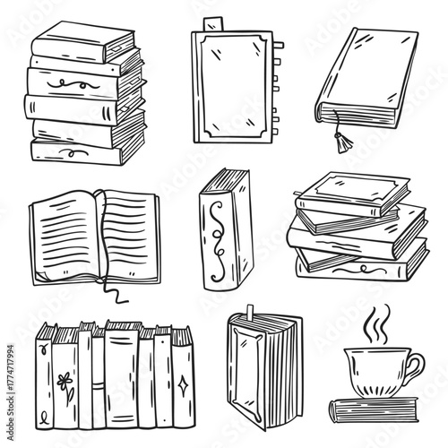 Vintage books. Hand-drawn illustrations. Book covers. Doodles set. Vector design elements on white background