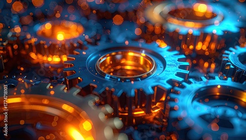 Abstract close-up of glowing mechanical gears in motion with futuristic lighting.