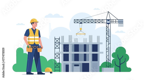 Construction worker overseeing building construction with crane