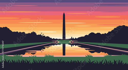 Washington monument reflected in the reflecting pool at sunset with vibrant orange and purple sky