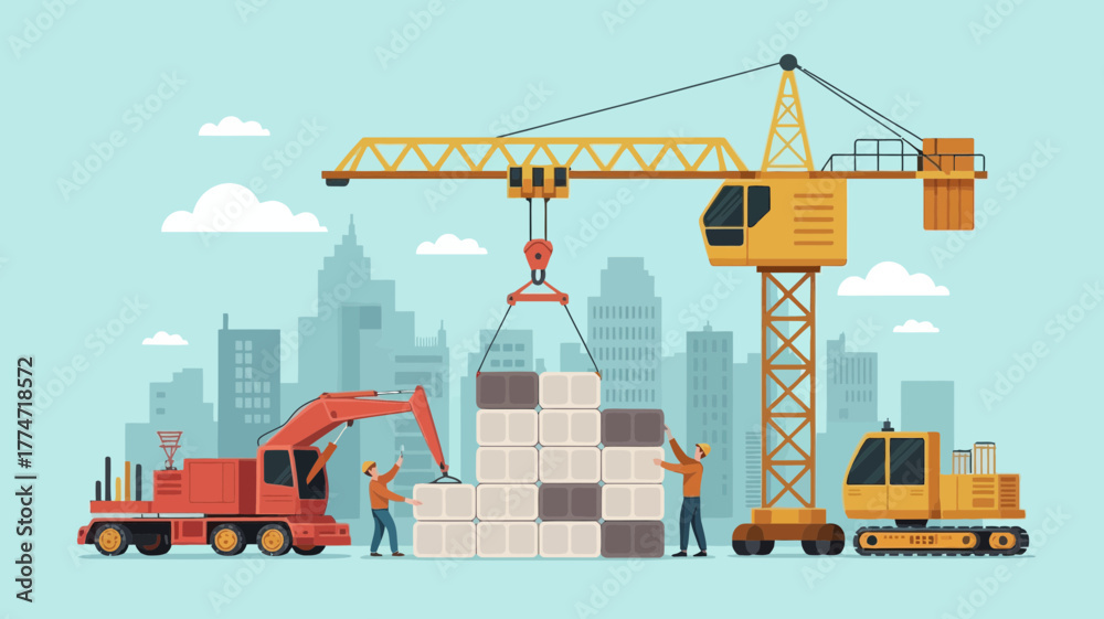 Fototapeta premium Construction workers and machinery building a city skyline