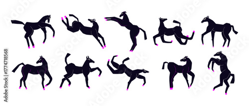 Stylish hand drawn featuring playful cartoon horses in various dynamic poses. Modern groovy design, bright accent detail, and expressive character movement. Vector illustration for stickers, pattern.