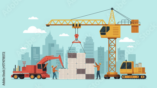 Construction workers and machinery building a city skyline