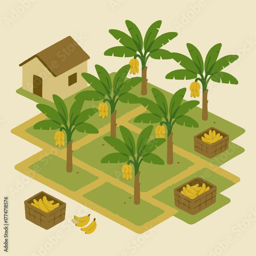 A tropical vector illustration of a palm tree on a beach near a house or hotel during summer vacation