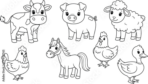 Cute Farm Animals Cow, Pig, Sheep, Horse, Chicken, and Duck Coloring Page Vector Illustration