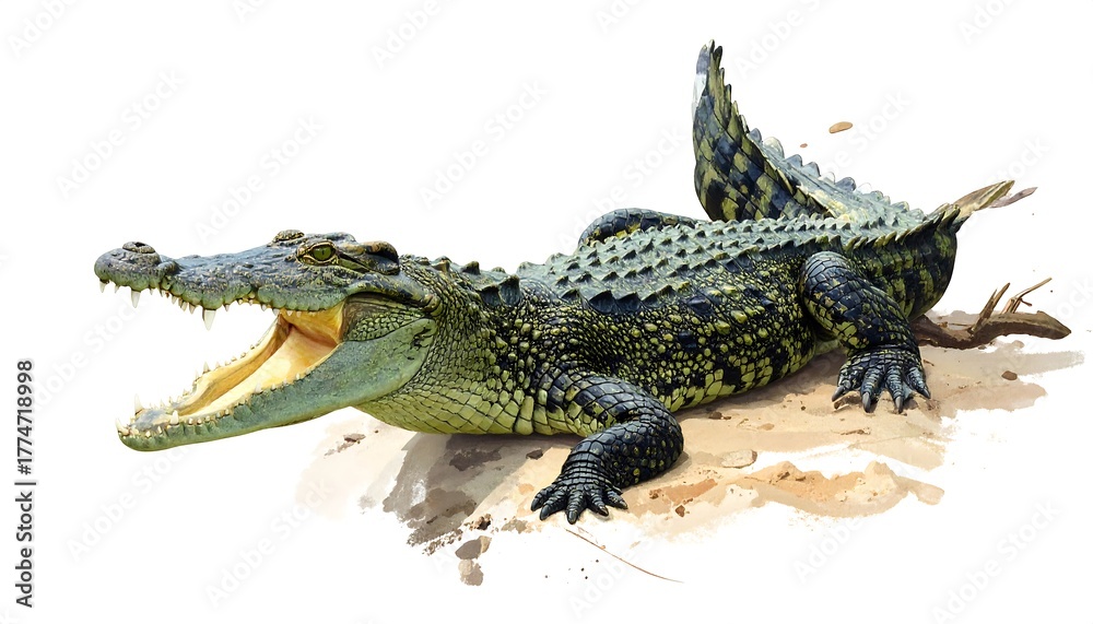 Obraz premium A digitally painted crocodile with open jaws, detailed scales, and a tail, on a sandy ground